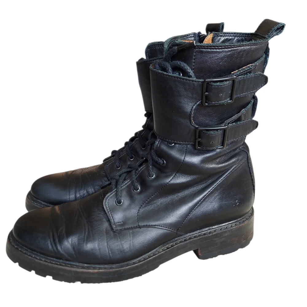 Frye Julie Biker Engineer Black Leather Lace-up Lug Sole Boots - Picture 4 of 15